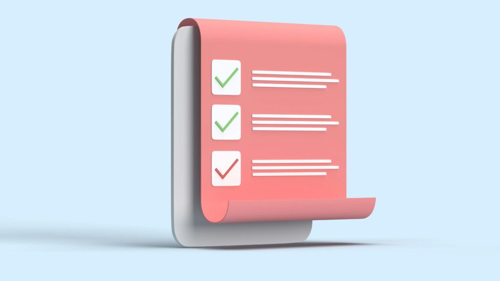 pexels-photo-20279300-20279300 3D illustration of a checklist with checkmarks on a rolled paper sheet against a blue backdrop.